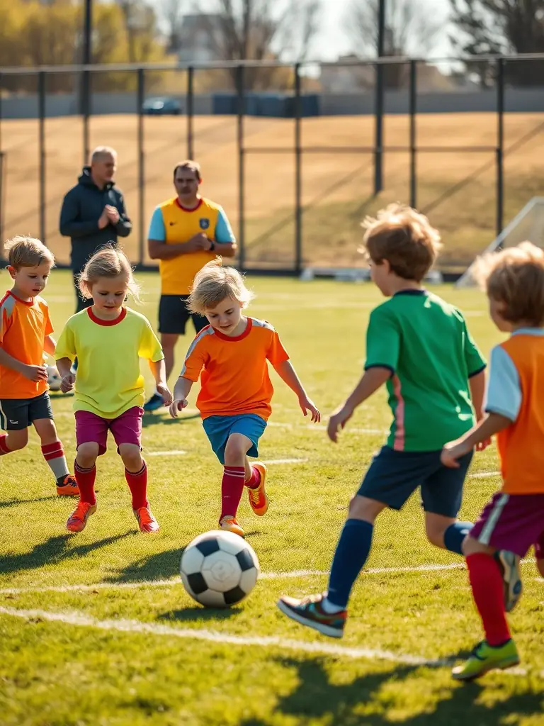 Action shot of young children participating in a ROCHEFORT FOOTBALL CLUB youth training session, focusing on dribbling skills, with coaches providing guidance in the background.