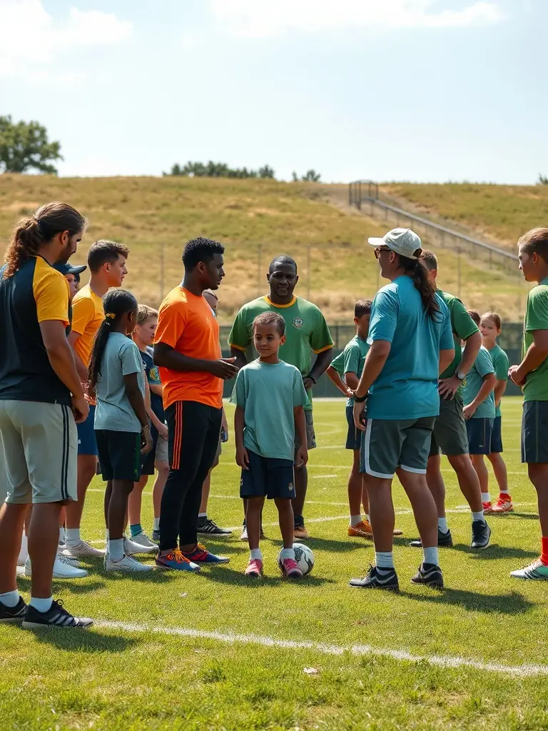 A photo of senior players mentoring junior players at Rochefort Football Club, emphasizing the club's commitment to mentorship and guidance.
