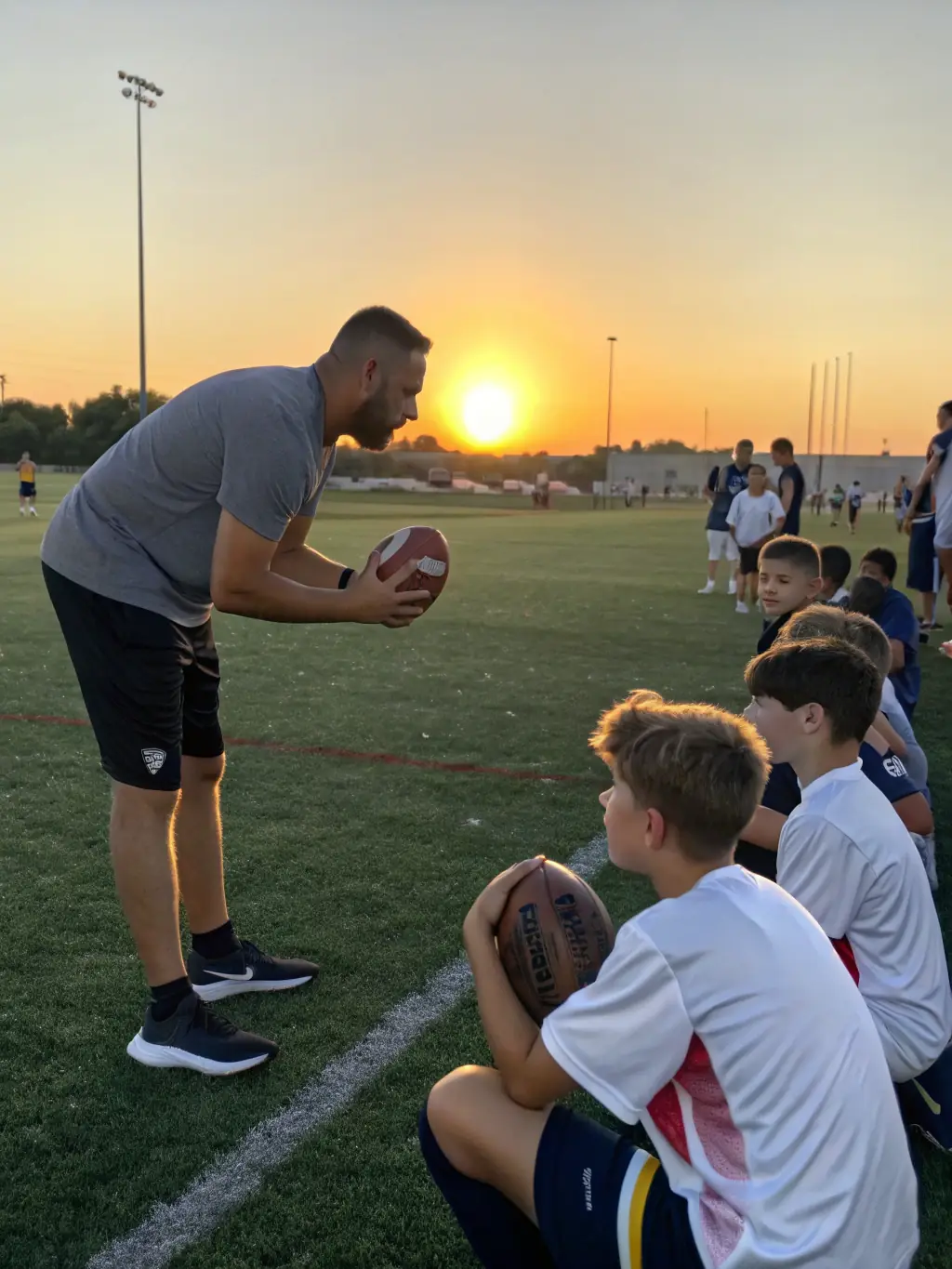 Image of senior ROCHEFORT FOOTBALL CLUB players mentoring younger players during a training session, emphasizing skill development and guidance.